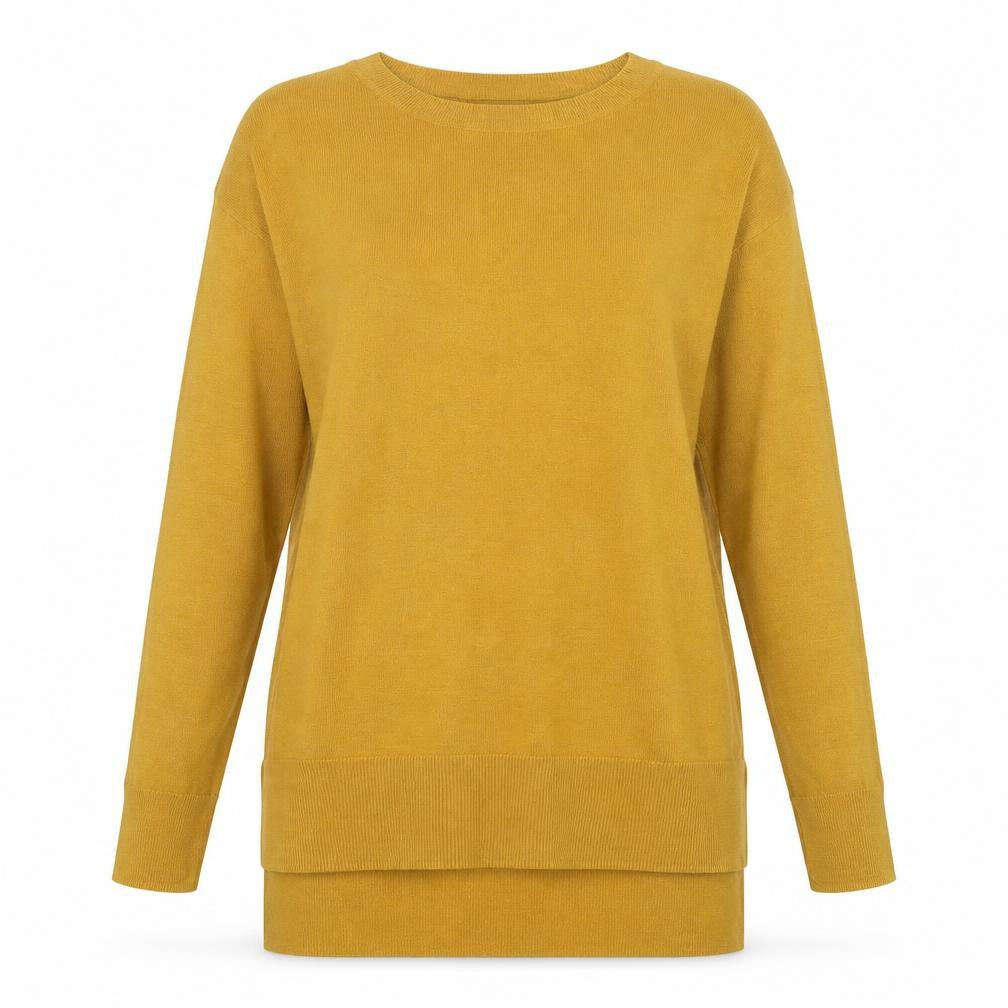 Front view of h7M women’s yellow crew neck acrylic jumper, size S