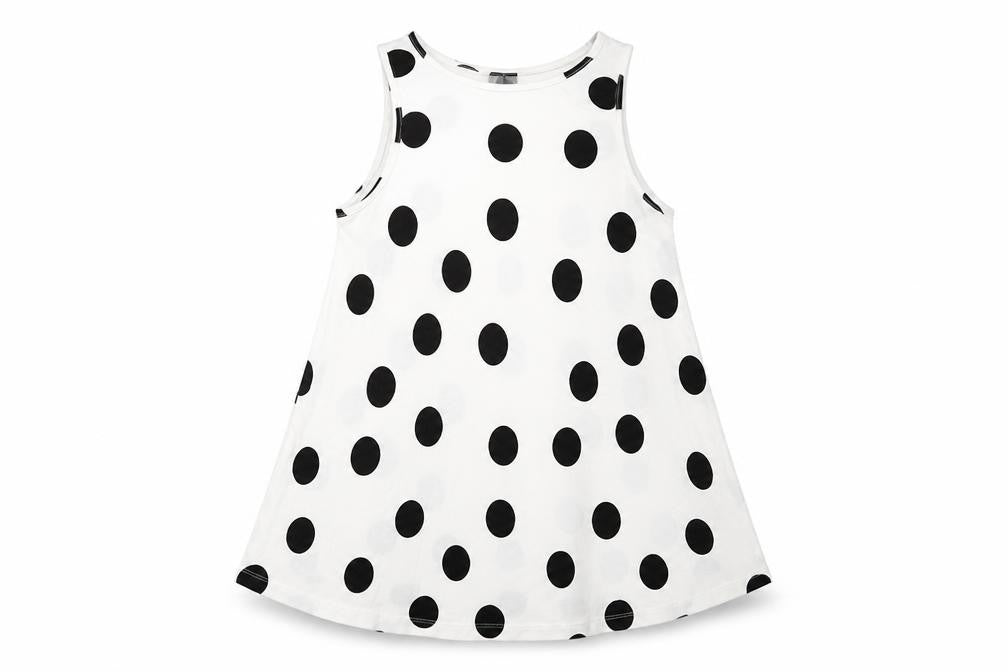Front view of ASOS women’s white polka dot viscose a-line, size UK 8, crew neck pullover