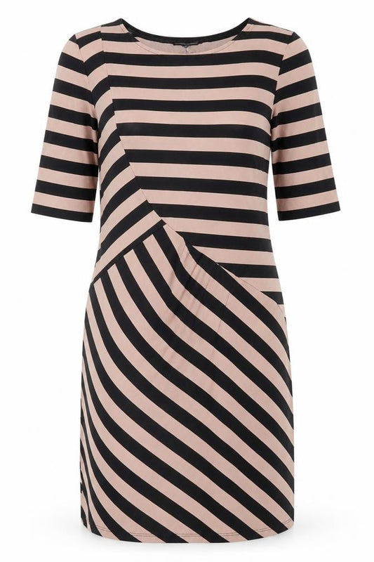 Front view of Warehouse women’s pink striped viscose a-line, size UK 12, crew neck pullover