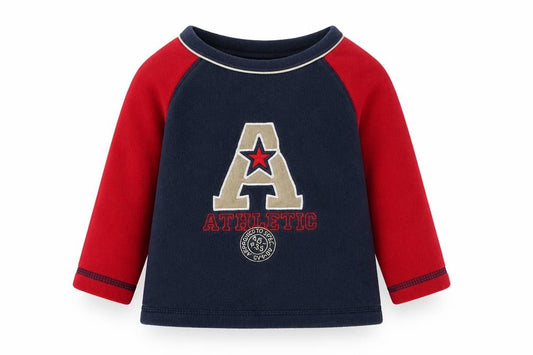 Front view of Adams boys’ blue cotton basic casual, size 9-12, months crew neck pullover - athletic