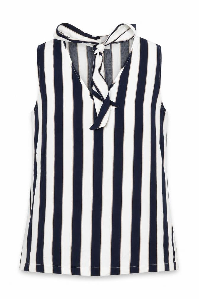 Front view of Gerard women’s white striped viscose basic tank, size UK 12, v-neck