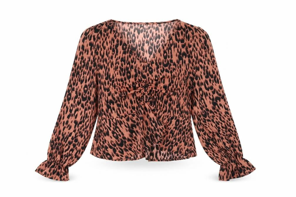 Front view of SHEIN women’s brown animal print polyester basic blouse, size L, v-neck