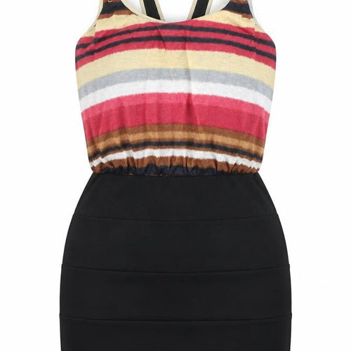 Dwtk Fashion Womens Black Striped Rayon Bodycon Size XL Round Neck - Zip Detail