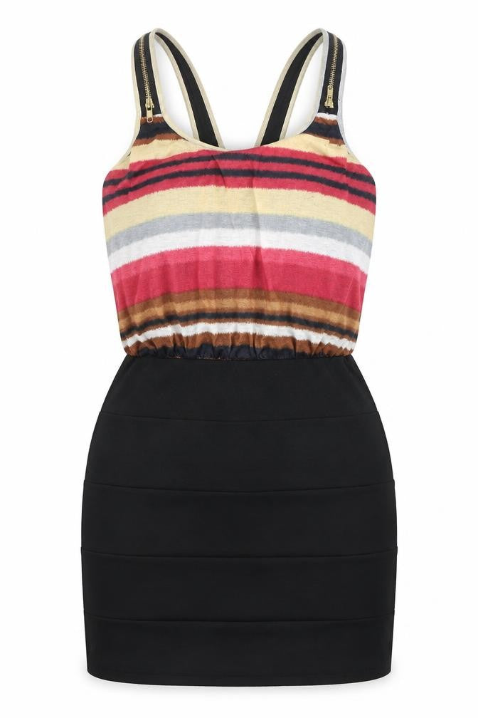 Dwtk Fashion Womens Black Striped Rayon Bodycon Size XL Round Neck - Zip Detail
