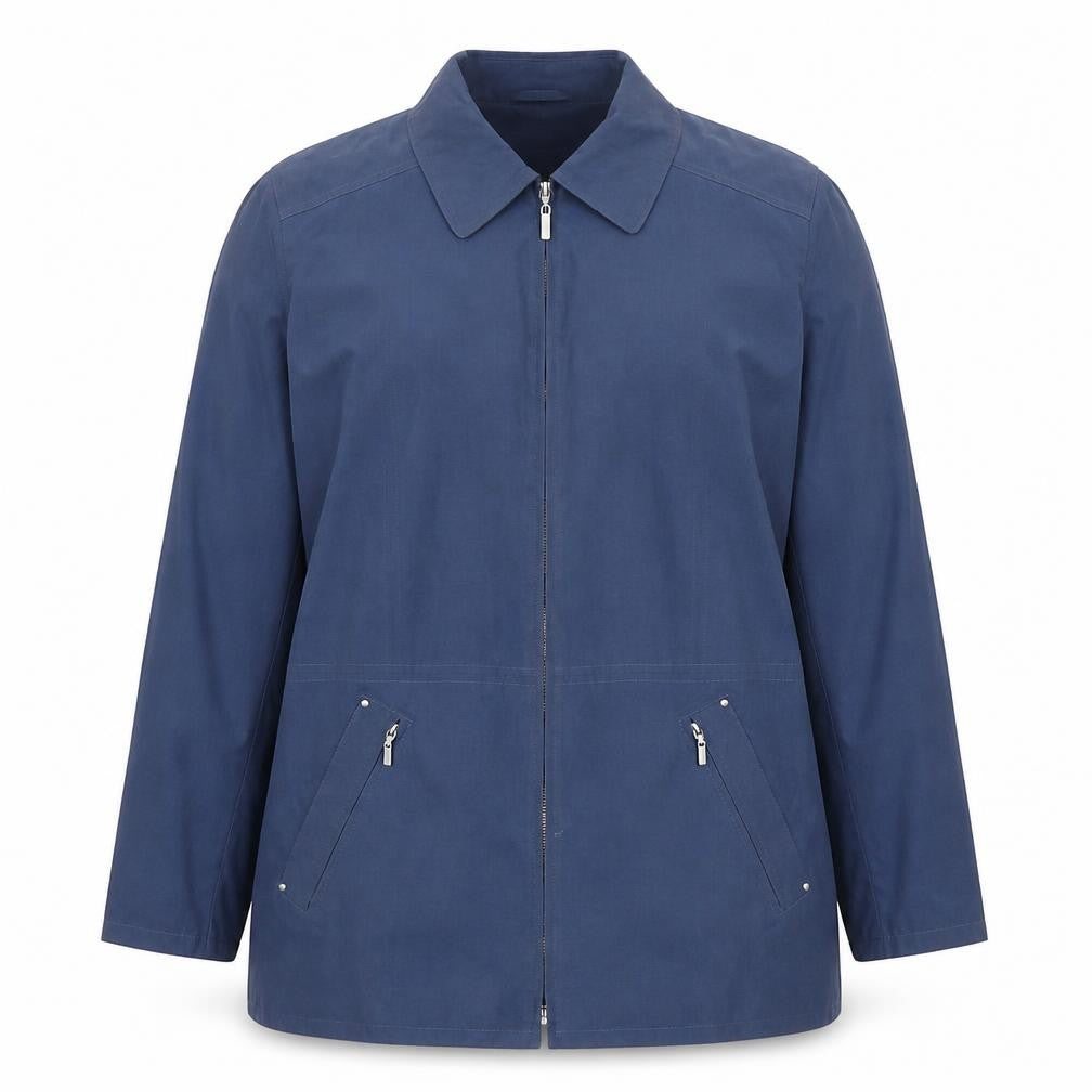 Front view of Preworn women’s blue jacket coat, size L, zip