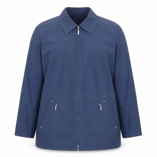 Front view of Preworn women’s blue jacket coat, size L, zip