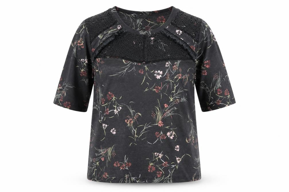 Front view of Marks & Spencer women’s black floral polyester basic polo, size UK 12, round neck - lace collar detail