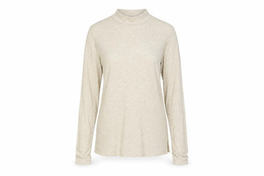 Front view of River Island women’s beige polyester basic t-shirt, size UK 12, mock neck - ribbed