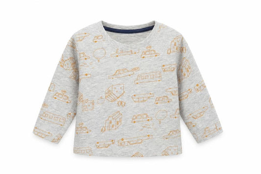 Front view of Primark Baby Grey Geometric Cotton Pullover T-Shirt, size 12-18, Months Crew Neck Pullover - Car Print