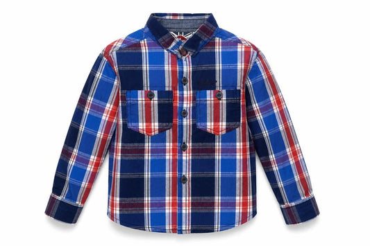 Front view of Lee Cooper boys’ blue plaid cotton basic button-up, size 2-3, years collared button