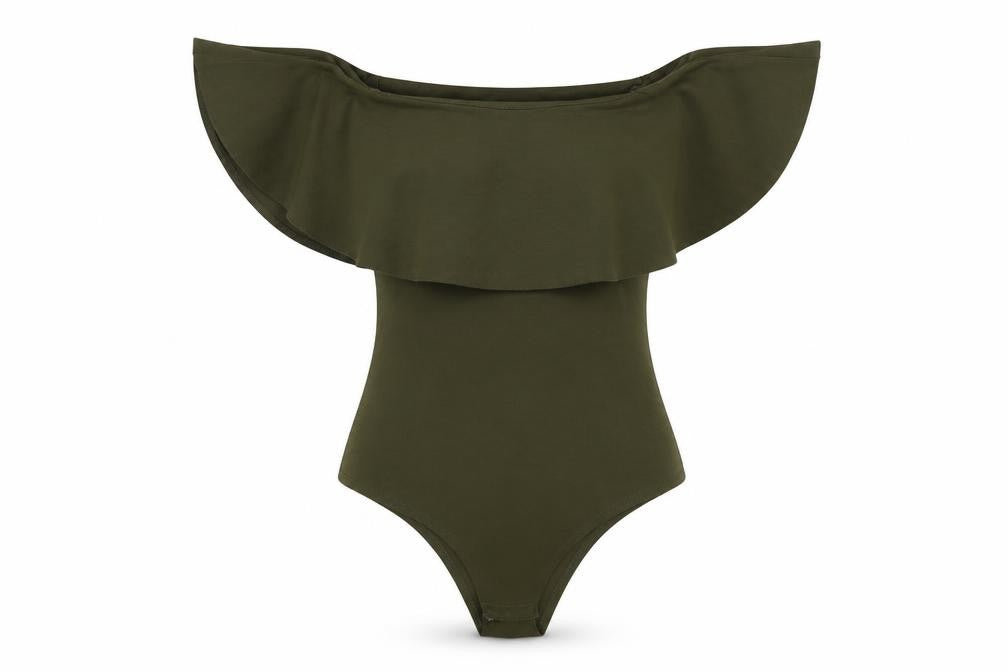 Front view of Blue Vanilla women’s green polyester bodysuit one-piece, size UK 8, snap