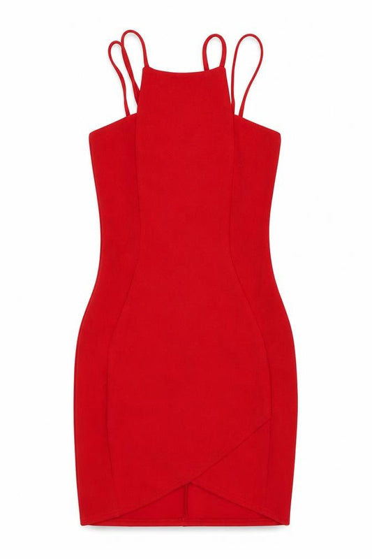 Front view of women’s red polyester mini, size XS, square neck pullover