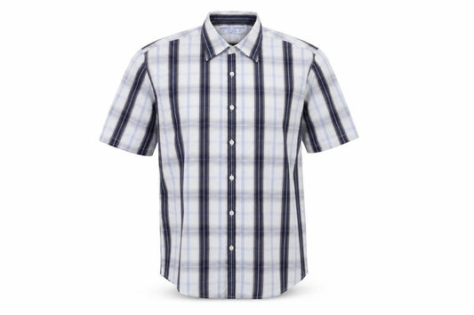 Front view of Urban Sprirt men’s blue plaid polyester button-up, size M, collared button