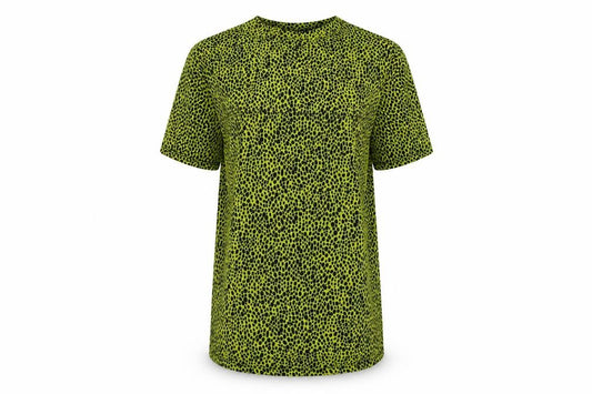 Front view of Motel Rocks women’s yellow animal print cotton t-shirt dress, size XS, round neck pullover
