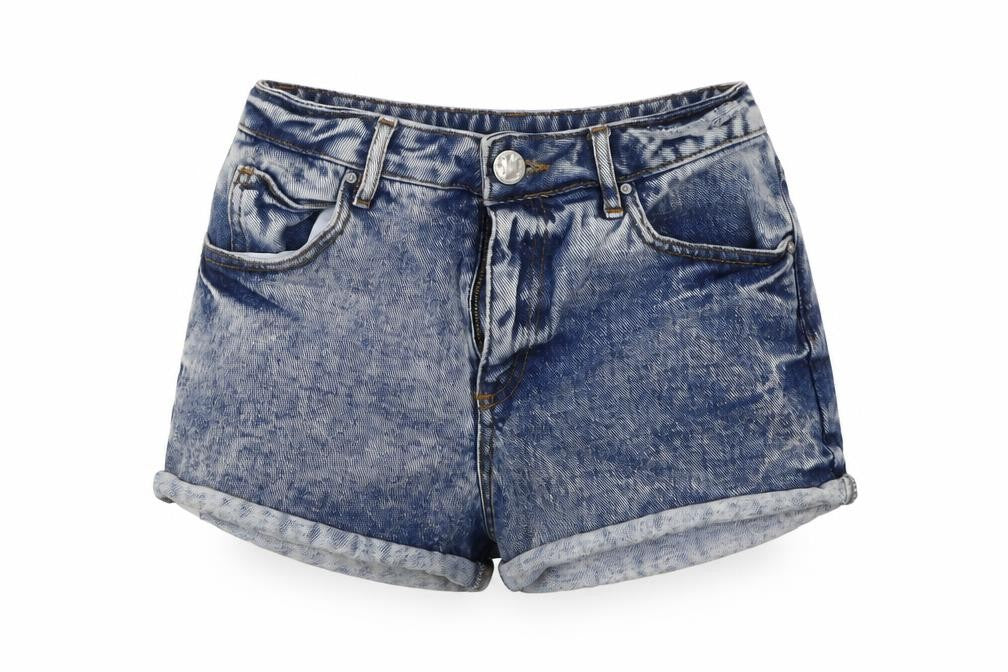 Front view of River Island women’s blue cotton hot pants shorts, size UK 6, regular button