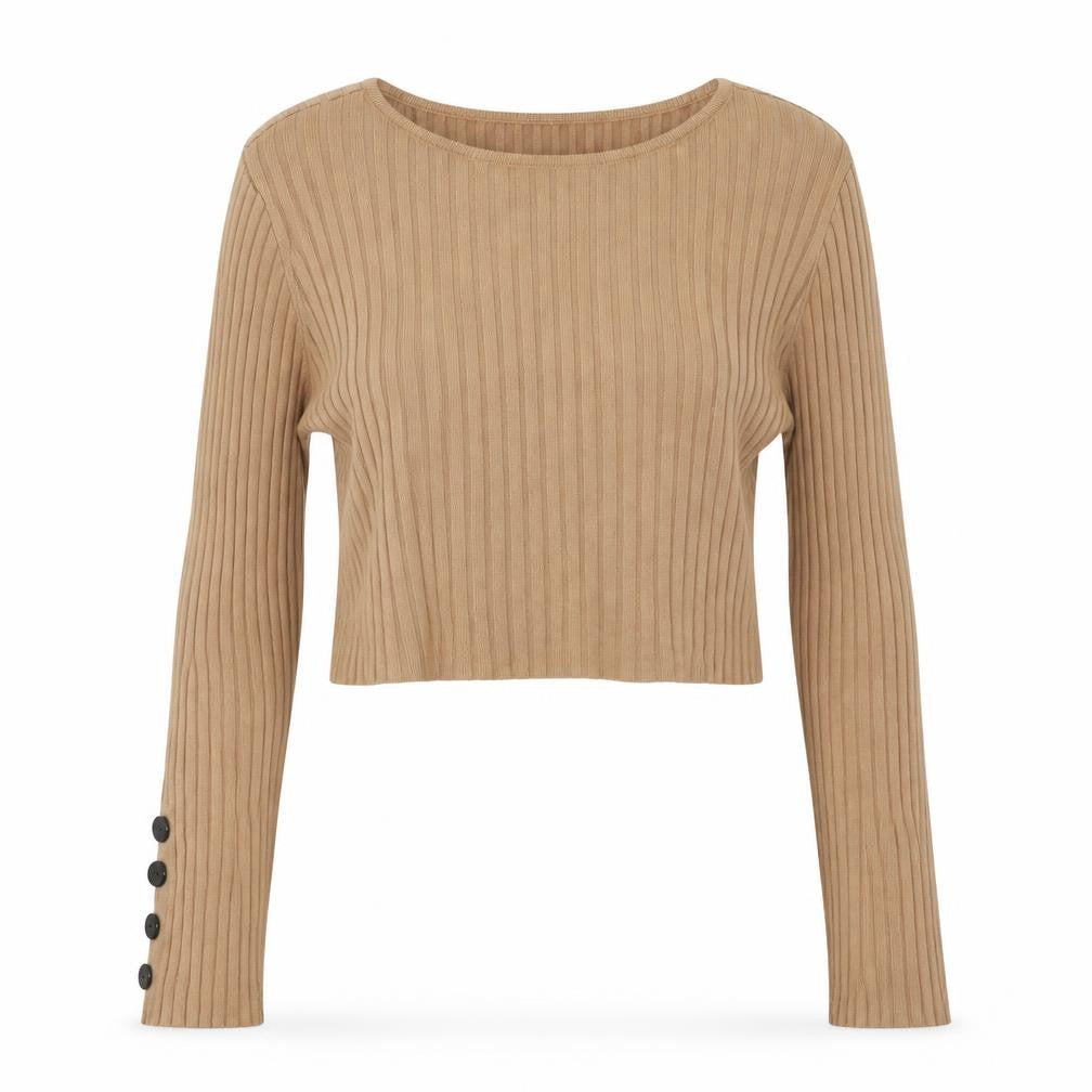 Front view of Primark women’s beige round neck viscose jumper, size UK 10
