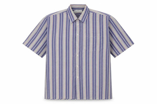 Front view of Marks & Spencer men’s multicoloured striped cotton button-up, size 41, collared button - 41cm, 16