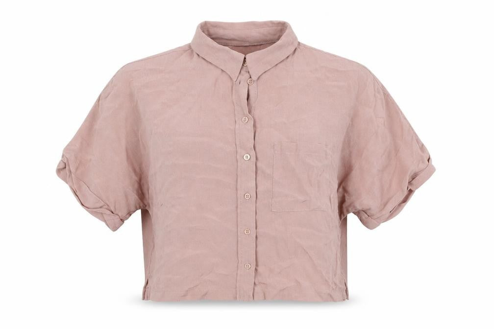 Front view of Topshop women’s pink viscose cropped button-up, size UK 6, collared