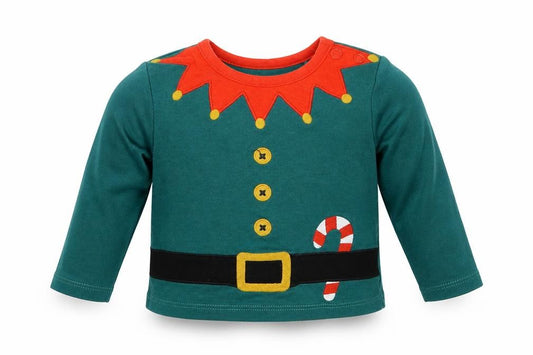 Front view of Tu Baby Green 100% Cotton Basic T-Shirt, size 3-6, Months Round Neck Snap - Elf Christmas