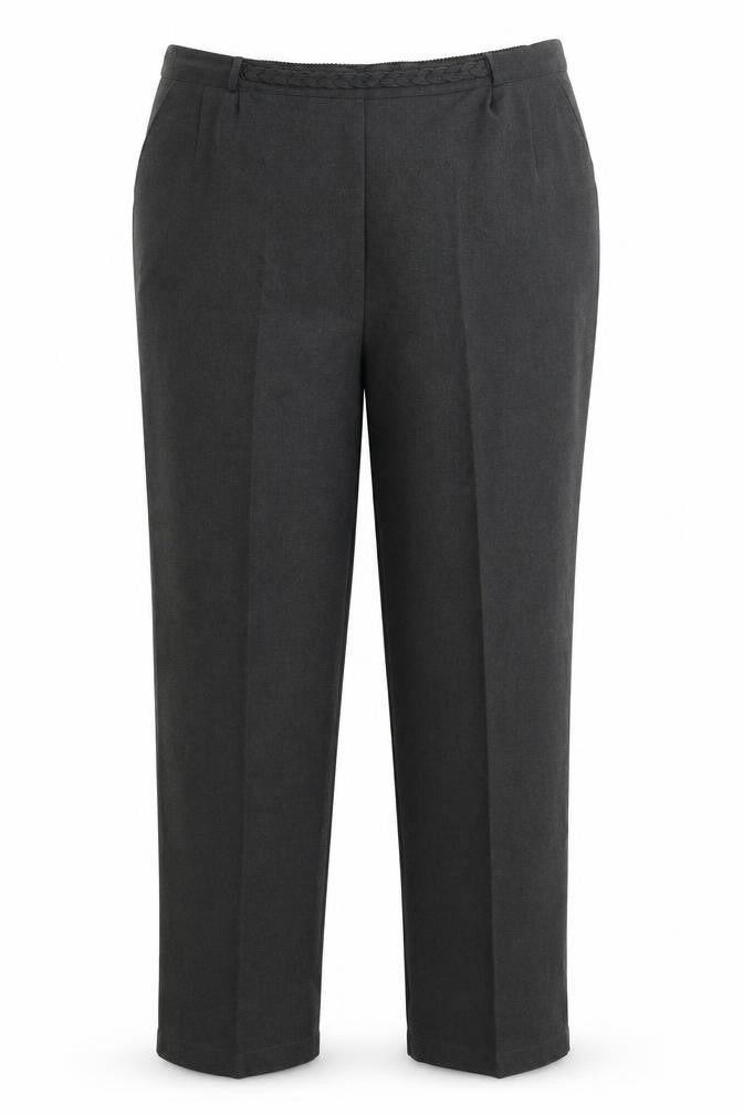 Front view of Sarah Hamilton women’s grey polyester trousers, size UK 16, 28-inch leg regular