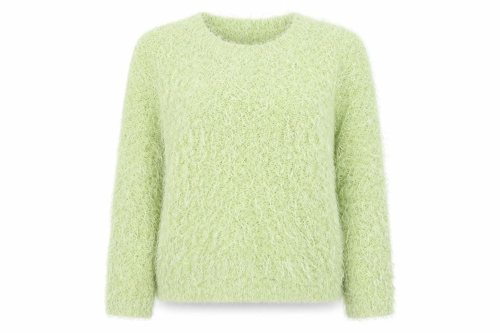 Front view of Preppy women’s green crew neck acrylic jumper, size M