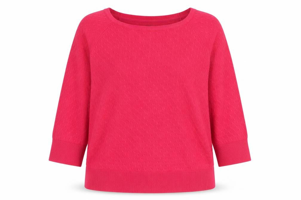 Front view of Per Una women’s pink square neck acrylic jumper, size UK 14