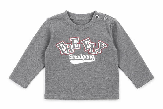 Front view of Preworn boys’ grey cotton basic t-shirt, size 12, months round neck button - small gang