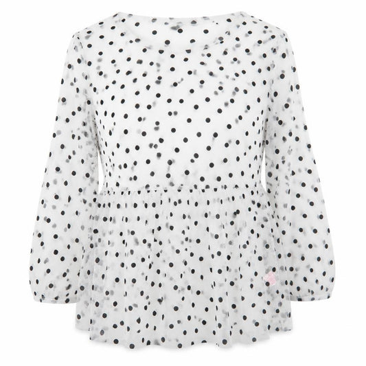 Front view of Primark women’s white polka dot polyester basic blouse, size M, round neck