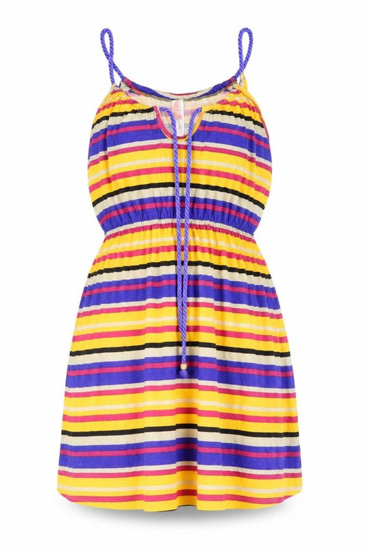 Front view of Ocean Club women’s multicoloured striped cotton a-line, size UK 12, scoop neck tie