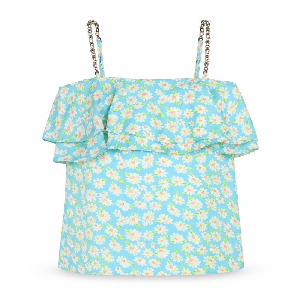 Front view of Ravi Famous women’s blue floral cotton basic blouse, size UK 10, square neck