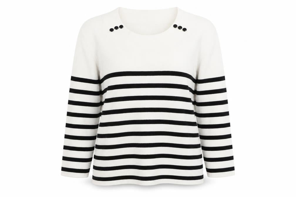 Front view of Precis women’s white round neck striped nylon jumper, size M