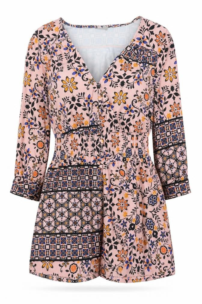 Front view of ASOS women’s multicoloured geometric polyester playsuit one-piece, size UK 8, button