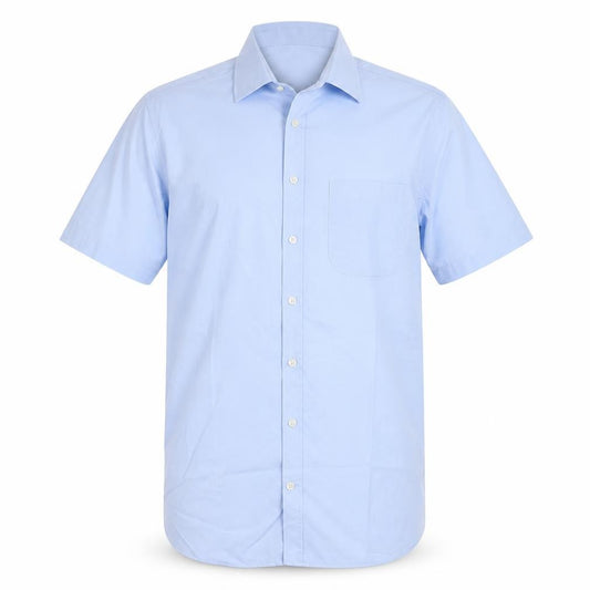 Front view of Marks & Spencer men’s blue polyester button-up, size 16, collared button