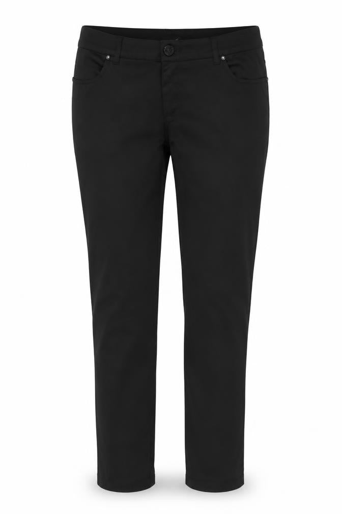 Front view of OKAY women’s black polyester trousers, size UK 42, 31-inch leg regular button