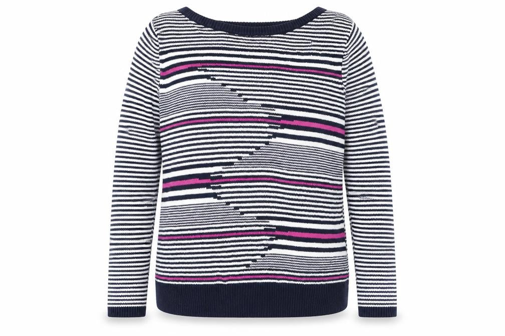 Front view of Coercion women’s blue boat neck striped polyester jumper, size UK 14