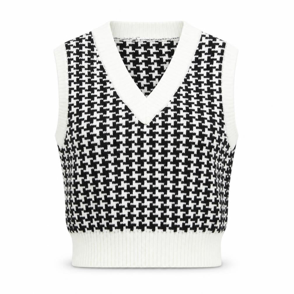 Subdued Womens Black V-Neck Geometric Acrylic Vest Jumper One Size