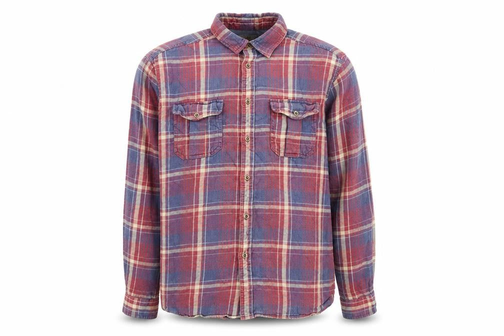 Front view of Marks & Spencer men’s red plaid cotton button-up, size M, collared button