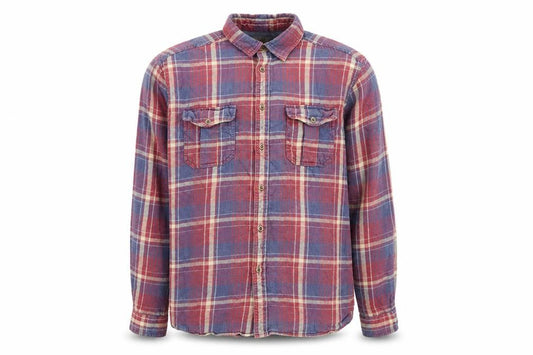 Front view of Marks & Spencer men’s red plaid cotton button-up, size M, collared button