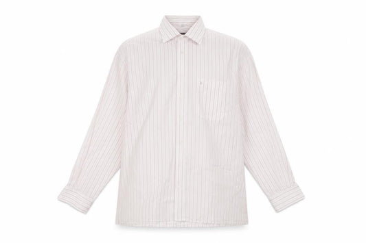 Front view of Eterna men’s pink striped polyester button-up, size 17, collared button