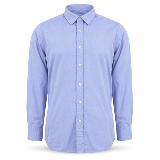 Front view of Yaly Couture men’s blue polyester button-up, size M, collared button