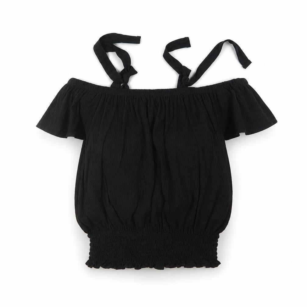Front view of Atmosphere women’s black polyester cropped blouse, size UK 4, square neck