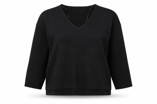Front view of Primark women’s black v-neck polyester jumper, size L