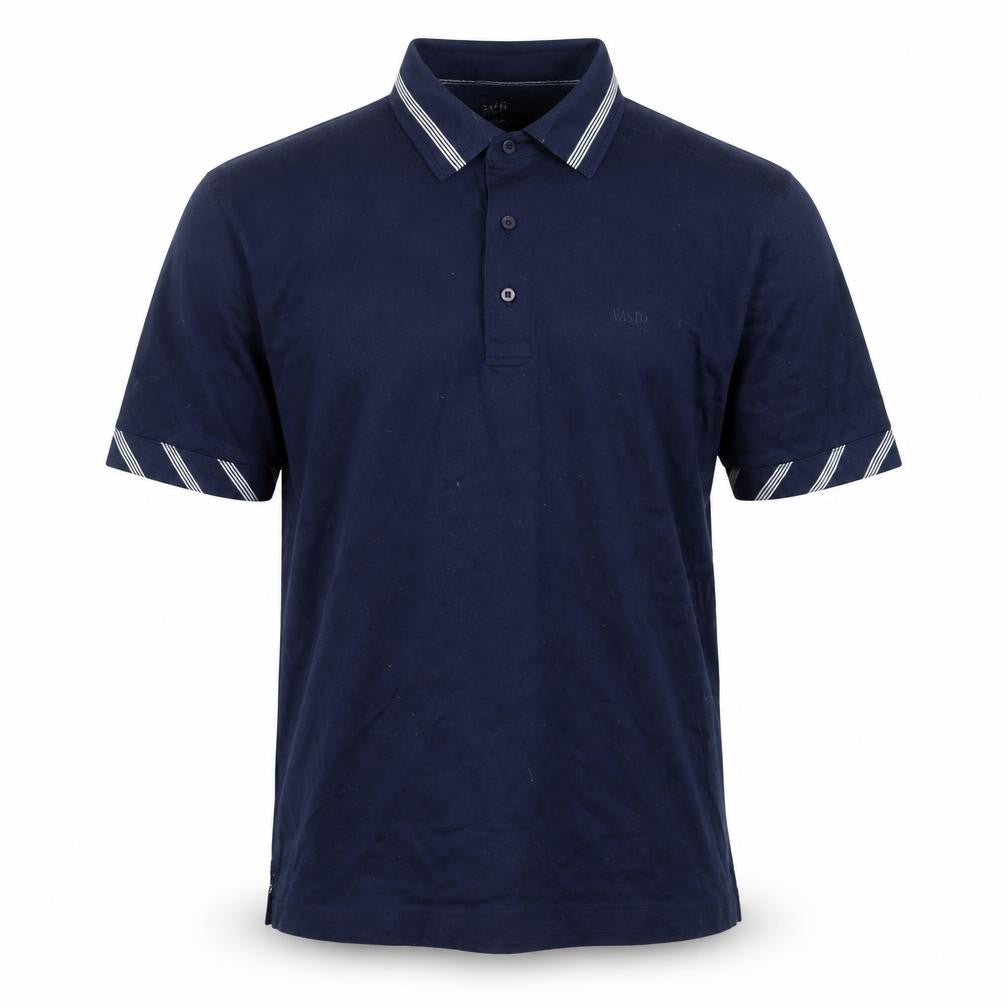 Front view of Vasto men’s blue cotton polo, size S, collared button