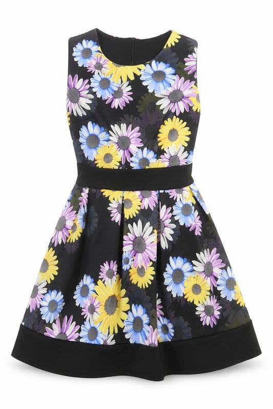 Front view of women’s multicoloured floral polyester fit & flare, size S, crew neck zip