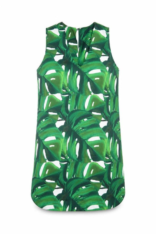 Front view of Dorothy Perkins women’s green geometric polyester a-line, size UK 12, v-neck button