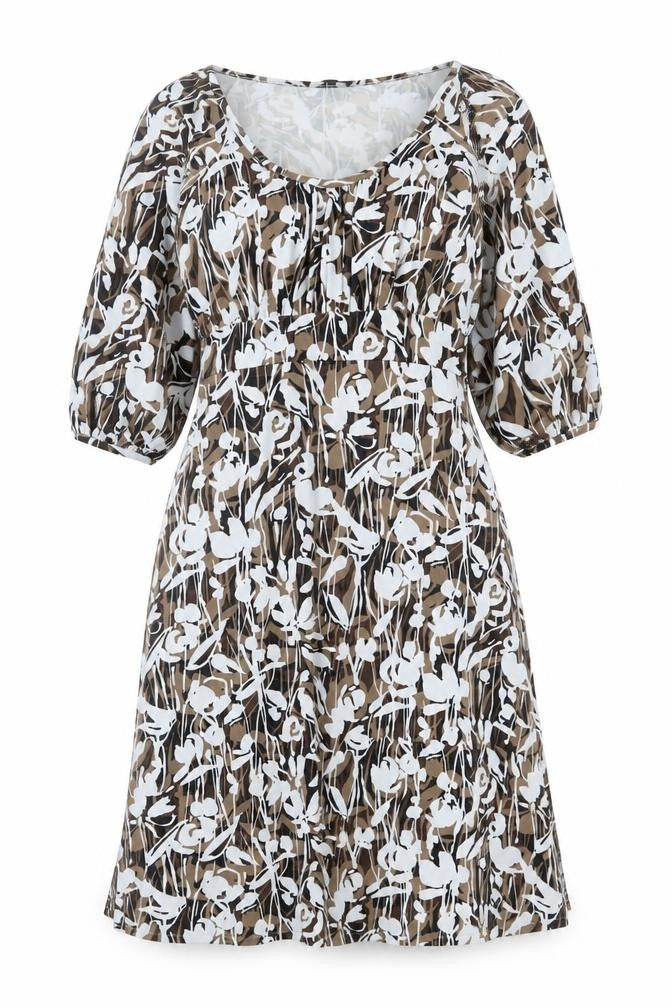 Front view of Fenn Wright Manson women’s brown geometric viscose fit & flare, size UK 8, scoop neck pullover