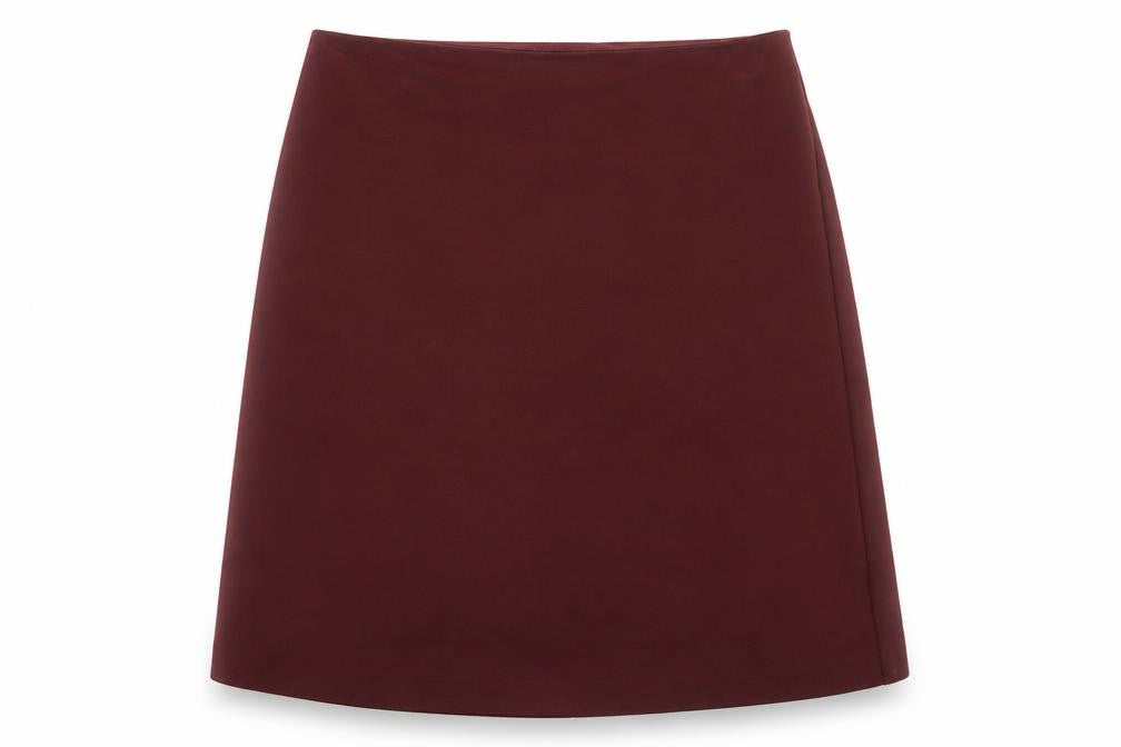 Front view of ASOS women’s red polyester a-line skirt, size UK 6, zip