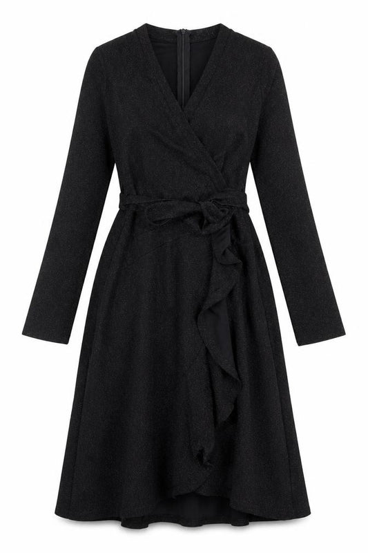 Front view of IVIVI women’s black polyester a-line, size S, v-neck zip