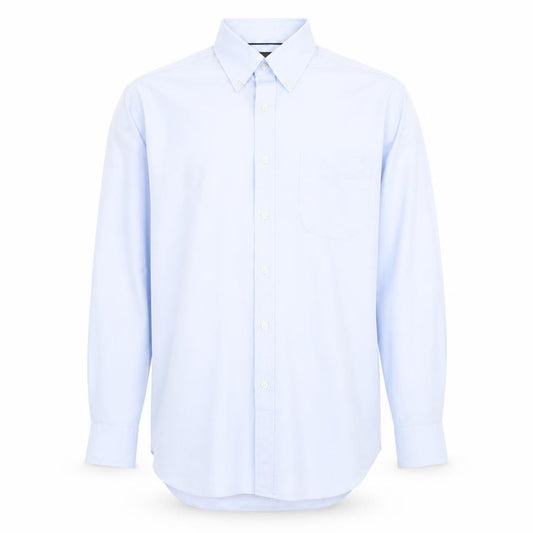 Front view of Marks & Spencer men’s blue cotton button-up, size 15, collared button - pocket detail