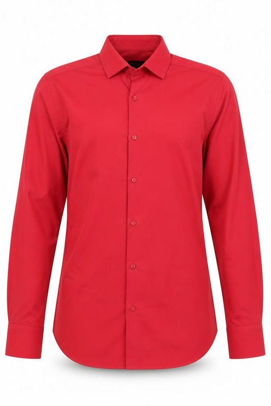 Front view of Ventuno 21 men’s red cotton button-up, size M, collared button